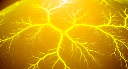 Glowing yellow electrical discharge creates fractal patterns on globe's surface showcasing scientific phenomena and energy concepts. Macro view fractal pattern represents electrical discharge.の素材