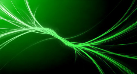 Green abstract light streaks on dark backdrop. Digital art graphic design template with glowing energy lines for presentation or website background design and banner.の素材