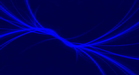 Abstract backdrop featuring blue light streaks curving against deep backdrop with dark blue gradient. Flowing background design is visually engaging and modern art.の素材