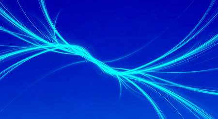 Vibrant and energetic abstract concept of light trails. Dynamic and flowing movement creates pattern on royal blue backdrop. Captivating visual element with luminous effects.の素材