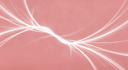 Abstract light trails on pink background forms curved lines for modern design. Futuristic concept with copy space and soft color palette. Pink backdrop for bannersの素材
