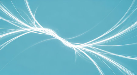 Abstract light blue energy background with glowing white lines flow and blurred streak effect in futuristic motion design. Concept of power and motion.の素材