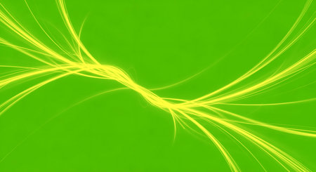 Bright green abstract background with luminous yellow curved lines for modern design. It evokes vibrant energy, abstract art, dynamic movement, and futuristic concept.の素材