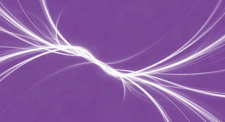 Smooth white light trails flow on purple background conveying futuristic atmosphere. This modern graphic wallpaper features curved and luminous lines with elegant aesthetic.の素材
