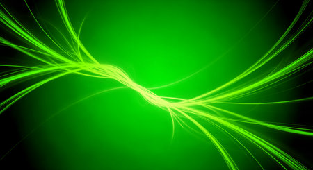 Abstract green and black background featuring luminous neon curved lines for modern digital design. It evokes energy flow, abstract art, dynamic movement, and futuristic concept.の素材