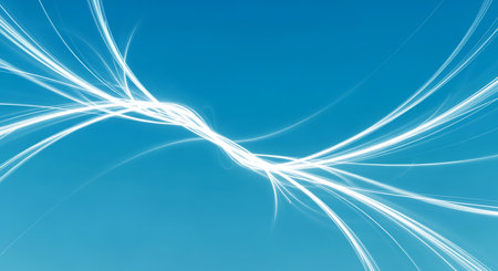 Elegant light trails design featuring smooth flowing lines converging. Ideal graphic resource for backgrounds, presentations, creative projects with bright look.の素材