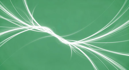 Green abstract background features flowing light lines on smooth gradients. Modern design ideal for technology presentations, digital displays, and creative projects. Simple abstract design.の素材