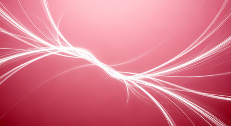 Graceful white light trails traverse soft pink gradient emphasizing smoothness with movement. This modern graphic resource features luminous curved lines effects with delicate tones.の素材
