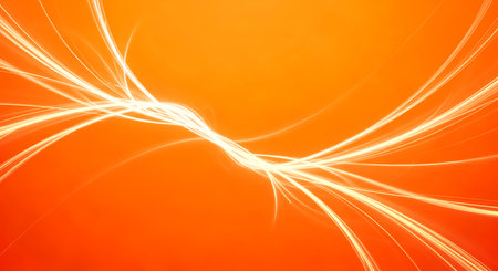 Abstract bright glowing energy lines on orange backdrop with blurred streak effect and futuristic movement and flow design. Concept of light streaks.の素材