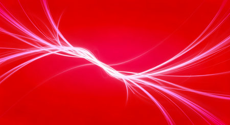 Abstract light trails on vivid red backdrop forms curved lines for modern design. Futuristic concept with copy space and bright vibrant color palette. Background template.の素材