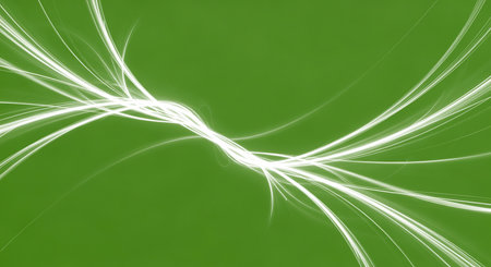 Abstract backdrop featuring white light streaks curving against green backdrop with flowing background design. Simple aesthetics is visually engaging and modern art.の素材
