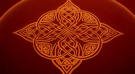 Celtic knot pattern illuminated red background. Ancient culture artistic decoration representing interlaced symbol. Intricate design element artwork.の素材