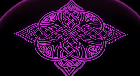 Illuminated celtic knot design over solid black background with magenta glowing outline illustration. Spiritual art design with decorative elements.の素材