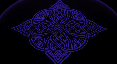 Celtic knot design on black background. It is symmetrical and an intricate pattern with interlaced lines that create visual interest. It offers spiritual symbolism.の素材