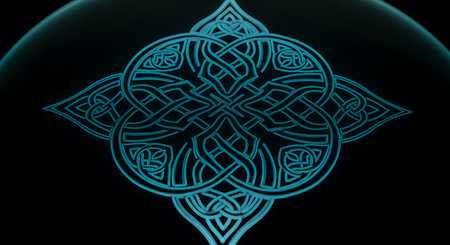 Celtic knot symbol illuminated with blue neon light. Intricate interlaced pattern glows against dark background. Ancient culture artistic emblem design.の素材