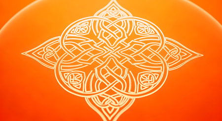 Celtic knot illustration on orange background. Artistic white ornament stylized shape design. Ornate traditional element drawing illustration backgrounds.の素材