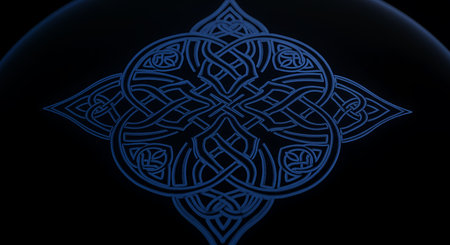 Intricate celtic knot design glowing in blue is glowing. Celtic symbol is glowing on dark backdrop. Detailed interlaced knot pattern with blue light.の素材