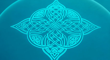 Cyan knot illustration featuring complicated intertwined structure against soft gradient blue background. Decorative knotwork elements create eye catching graphic projectsの素材