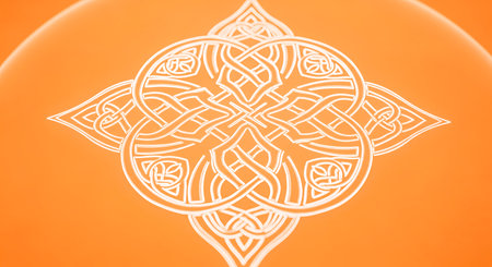 Celtic knot illustration on orange background. Artistic white ornament traditional design element. Elegant ornate stylized shape illustration element.の素材
