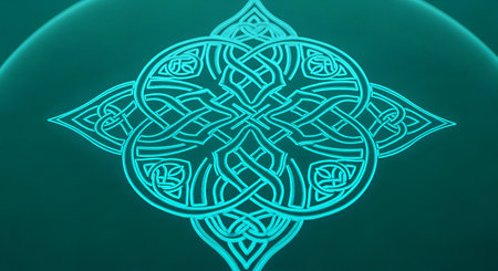Intricate cyan celtic knot glows against teal backdrop in detailed illustration. Elaborate celtic knot with intertwining loops offers visual appeal for creative endeavorsの素材