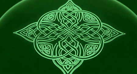 Celtic knot glows green is interlacing lines symbol. Depicts interconnectedness and heritage representing eternal life and spiritual journey within nature. Irish culture.の素材