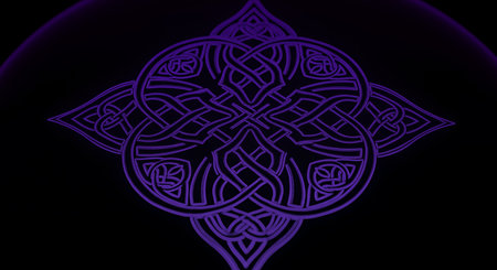 Stylized celtic knot design over solid black background accented with vibrant dark purple outline illustration. Decorative design in minimal style.の素材