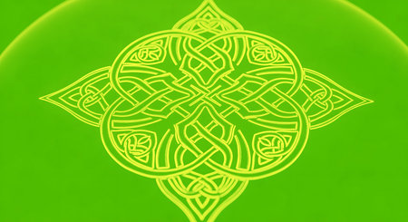 Celtic knot glows bright golden symbol. Depicts eternal heritage representing interconnectedness and spiritual journey within irish culture. Ancient abstract line art.の素材