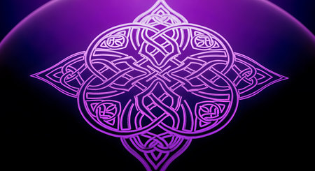 Neon purple celtic knot design illuminated is glowing. Celtic symbol with neon purple light on black background. Abstract interlaced knot pattern design art.の素材