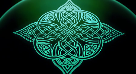 Celtic knot symbol glows in neon light. Intricate interlaced pattern illuminates dark background. Ancient cultural emblem in art and decoration design element.の素材