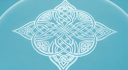 Celtic knot illustration on blue background. Artistic white ornament stylized element design. Ornate traditional drawing illustration backgrounds.の素材