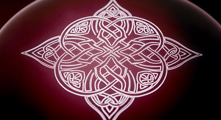 Sophisticated celtic knot elaborate knotwork design intricate white lines. Geometric celtic symbol abstract art with sophisticated deep maroon background.の素材