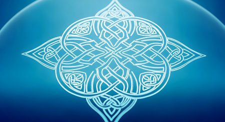 Blue knot design shows an intricate seamless pattern styled with celtic inspirations and a circular element.  Ideal as a backdrop, graphic or decoration.の素材