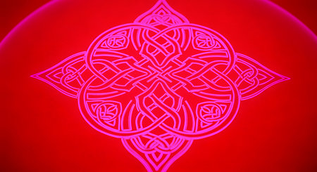 Vivid red celtic knot pattern intricate design with detailed knotwork. Glowing celtic symbol abstract artwork with striking contrast on bright red background.の素材