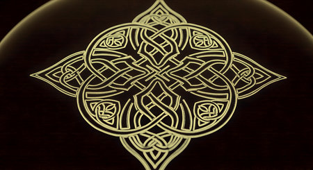 Celtic knot shows wood grain symbol. Showcases heritage and interconnectedness visual representation of spiritual journey in abstract form. Detailed line art.の素材