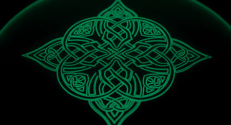 Celtic knot symbol glows in green neon light. Intricate interlaced pattern illuminates dark background. Ancient cultural art decoration design element.の素材