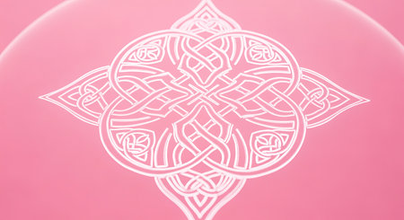 Elegant celtic knot design intricate woven pattern with clover leaf accents and soft light. Celtic symbol modern abstract art with soft pink backdrop.の素材