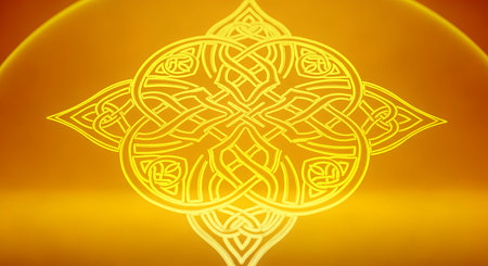 Amber celtic knot emblem in abstract design. The symbol is illuminated against orange backdrop creating mesmerizing and artistic pattern.の素材
