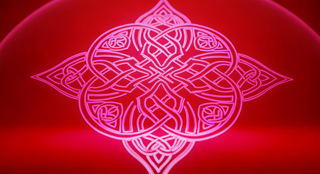 Elegant white knot design featuring intricate interlaced pattern against bright red backdrop. Artistic knotwork creates a stunning visual for design projectの素材
