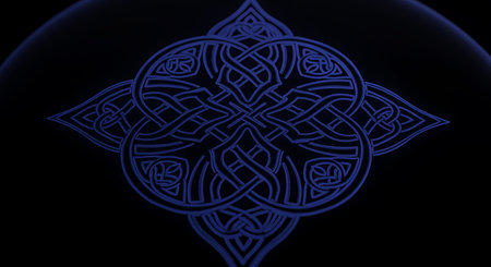 Dark blue knot design forming an intricate pattern with circular element and celtic inspiration set on black. Features a seamless style, perfect for backgrounds.の素材