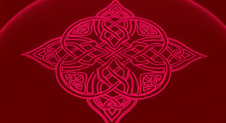 Beautiful celtic knot illuminated by magenta glow. Represents complex intertwined paths in spiritual symbolism set on dark crimson background.の素材