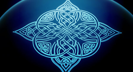 Bright cyan celtic knot design is shining. Celtic symbol with bright cyan light on dark background. Abstract interlaced knot pattern design art.の素材