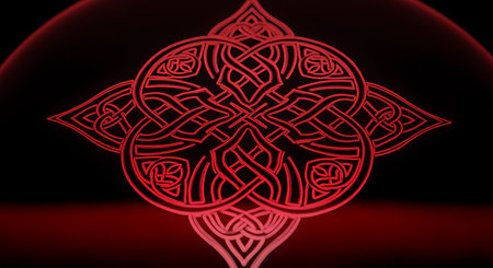 Celtic knot design on black background. Intricate knotwork with symmetrical and interlaced loops. It is representing unity and endlessness.の素材