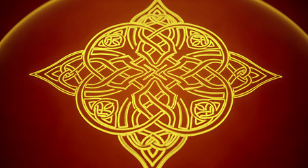 Gold celtic knot emblem in abstract design. The symbol is illuminated against red backdrop creating mesmerizing and artistic pattern.の素材