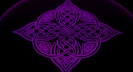 Celtic knot illustration glows with purple hue against dark background. Complex celtic design with intricate patterns is eye catching illustration for various design projectsの素材
