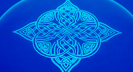 Illuminated aqua celtic knot shimmers against vibrant blue backdrop. Symbolizing eternal bonds and interconnectedness of all with complex knot design.の素材