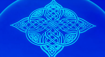 Blue knot design forming a bright, intricate seamless pattern with circular element. Inspired by celtic designs, best choice for backgrounds and decorations.の素材
