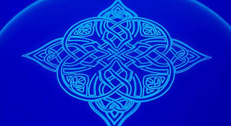 Bright blue knot design showcases an intricate pattern with celtic inspiration. It's crafted in seamless style with circular element, perfect as backdrop.の素材