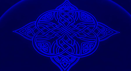 Detailed celtic knot with lines on blue background. Use as abstract template with glowing effect for wallpaper and decoration in modern design.の素材
