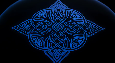 Radiant blue celtic knot illustration on black backdrop. Representing endless flow and interwoven relationships in ancient tradition with vibrant knot design.の素材