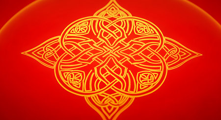 Celtic knot illustration on bright red background. Artistic gold ornament traditional design. Elegant ornate stylized element shape illustration.の素材